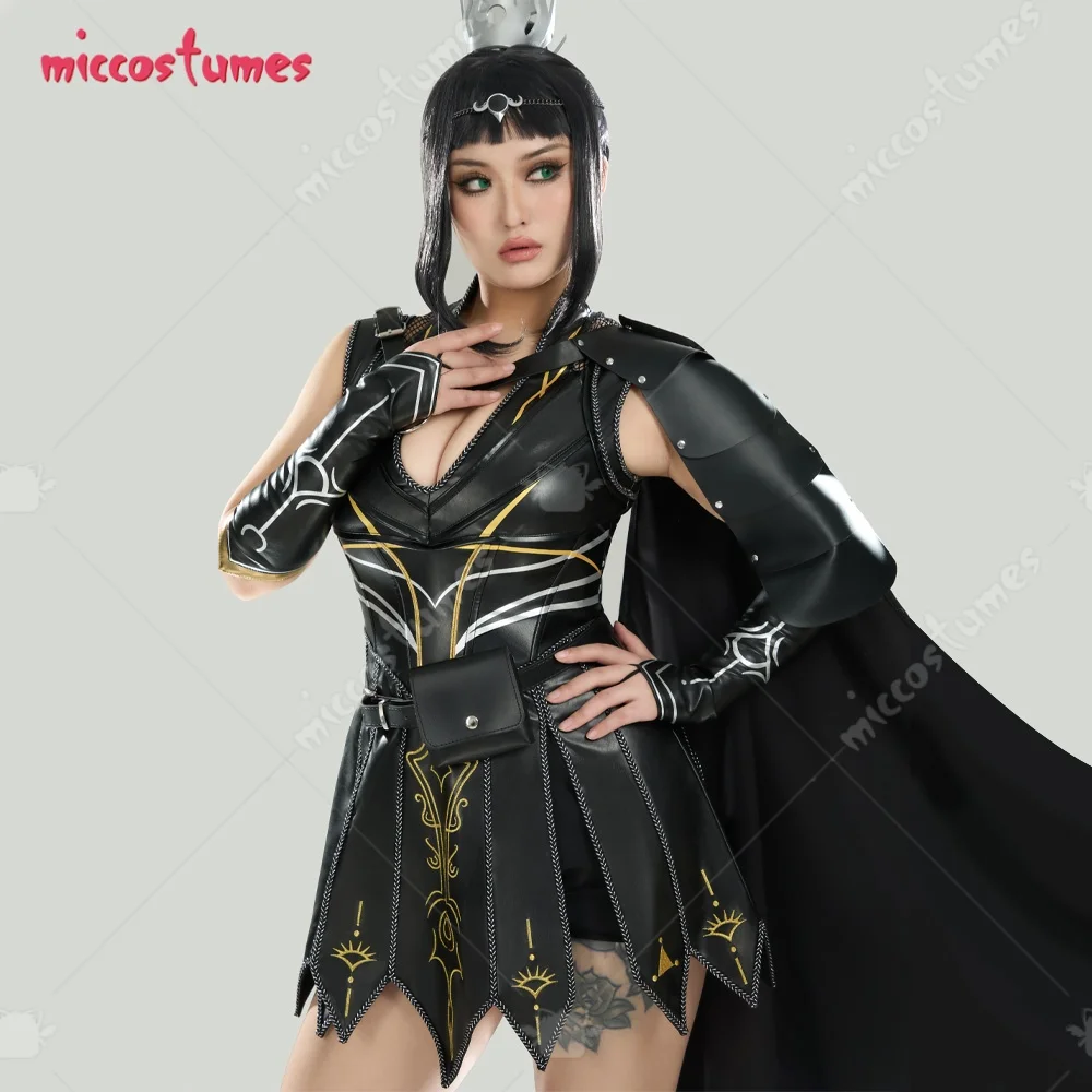 Damen Shadowheart Derivative Battle Suit Schwarzes Deep V Lederkleid mit Cape und Unterteilen Cosplay Kostüm 6