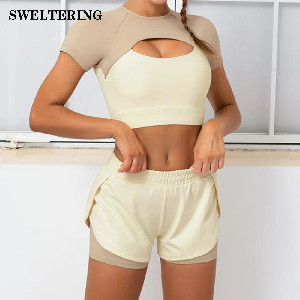 Yoga Set Women Seamless Sportwear Workout Sexy Short Sleeve Crop Top Gym  Clothing Sports Shorts Two Piece Set Female Clothing