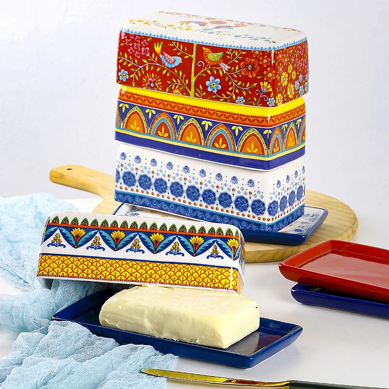 Bohemian Style Butter Container Ceramic Box Restaurant Sealed Storage Box Cheese Boxs Butter Slicer Dish Tableware