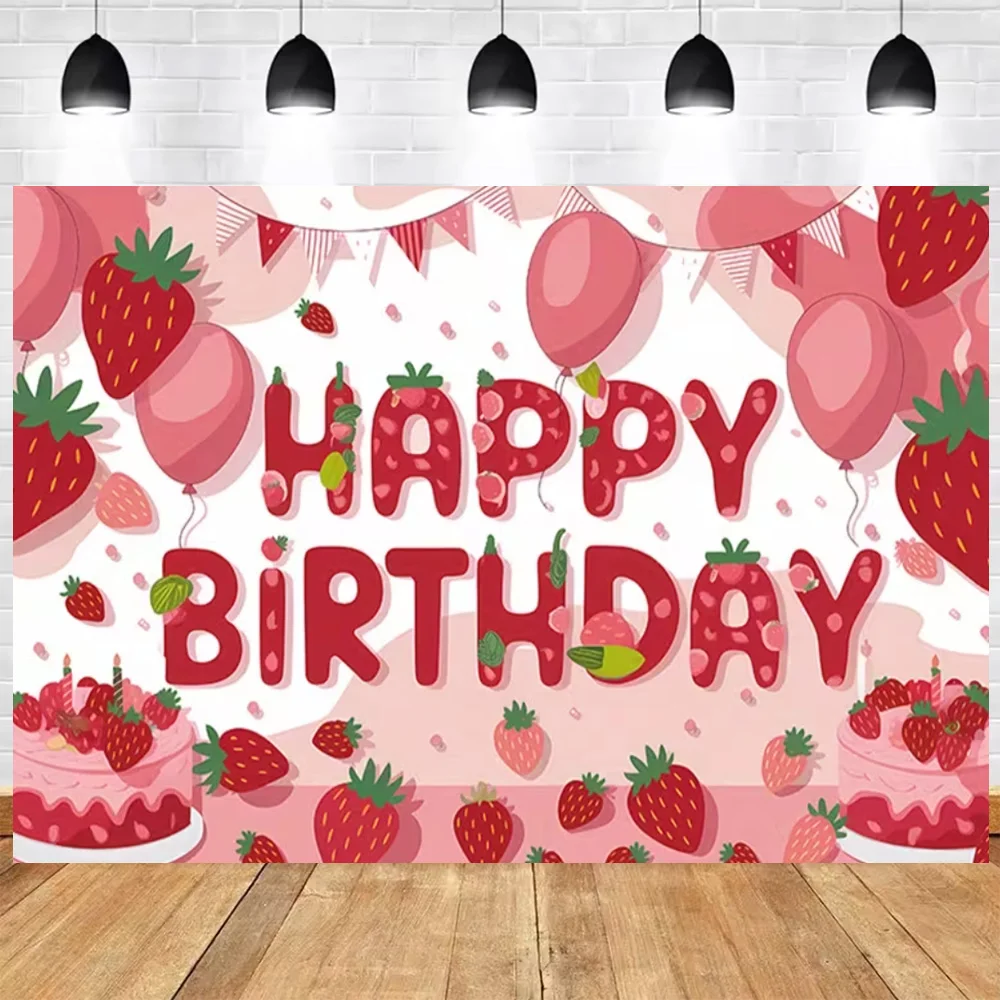 Süße Erdbeere alles Gute zum Geburtstag Party Dekoration Hintergrund rosa Obst Mädchen Geschenke Hintergrund liefert Baby-Dusche Fotografie Prop – Detail 5