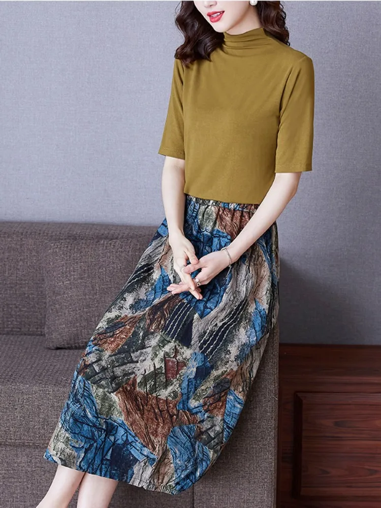 

2022 New Summer Vintage Large Women's A-word Medium And Long Style Elastic Waist Skirt Free Shipping