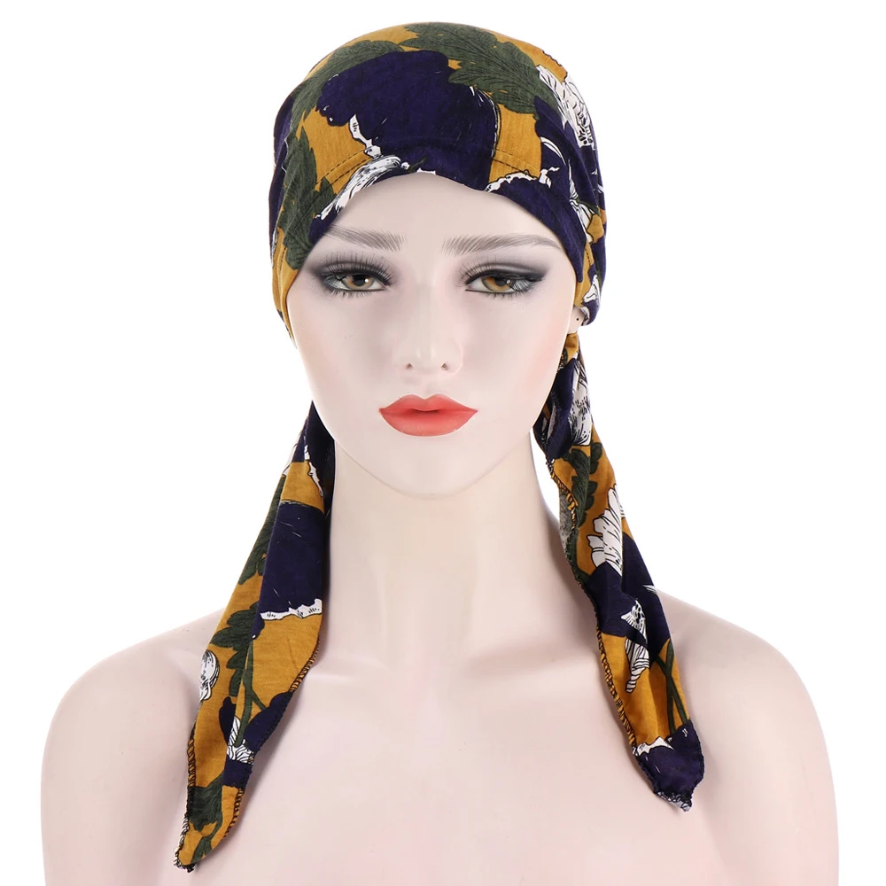 

Women Muslim Pre-Tied Printed Hijab Chemo Cap Beanies Inner Hat Underscarf Bandana Strech Hair Loss Cancer Headwrap Scarf Turban