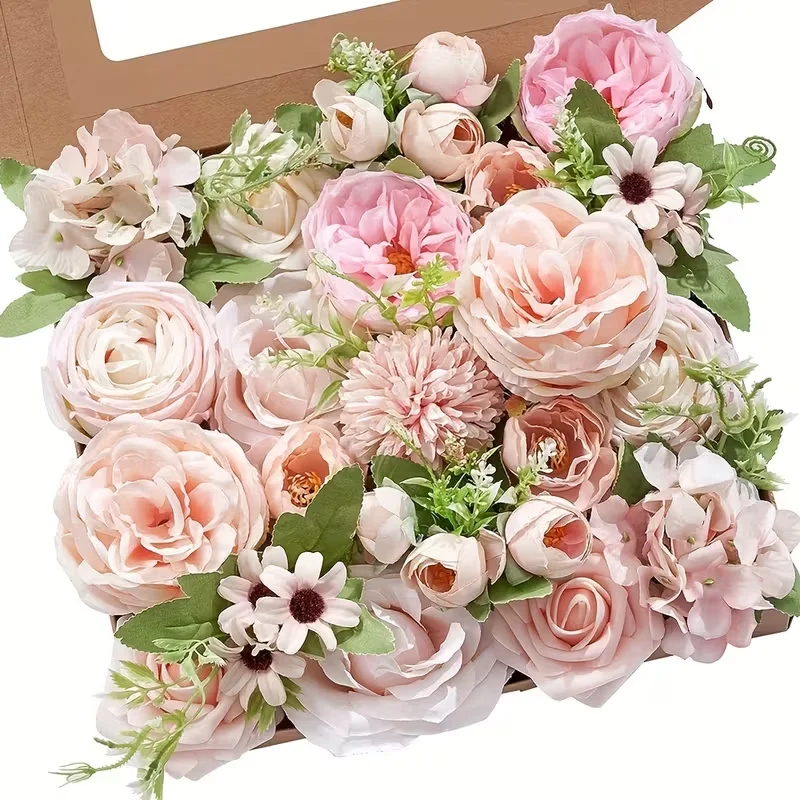 Artificial Flower Combination Box Set, Pink Silk Artificial Rose Bride ...
