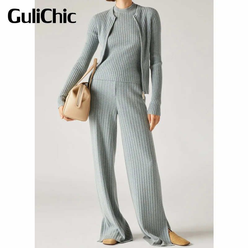 

9.4 GuliChic Women Solid Color Cashmere 2 Piece Set Zipper Slim Knitted Cardigan With Split Wide Leg Pants