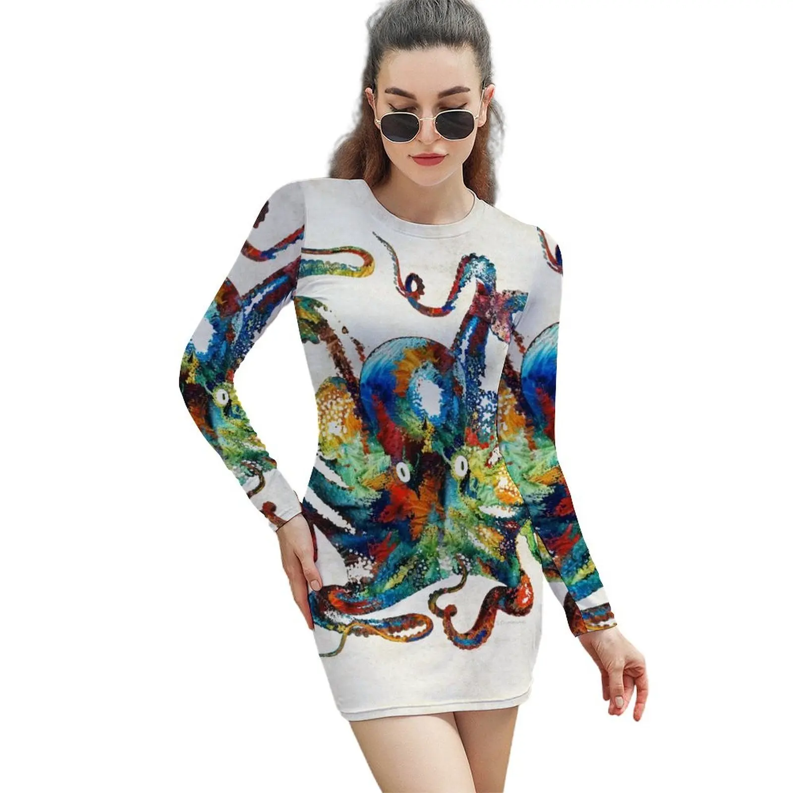 

Женское платье-футляр с длинным рукавом, с рисунком осьминога