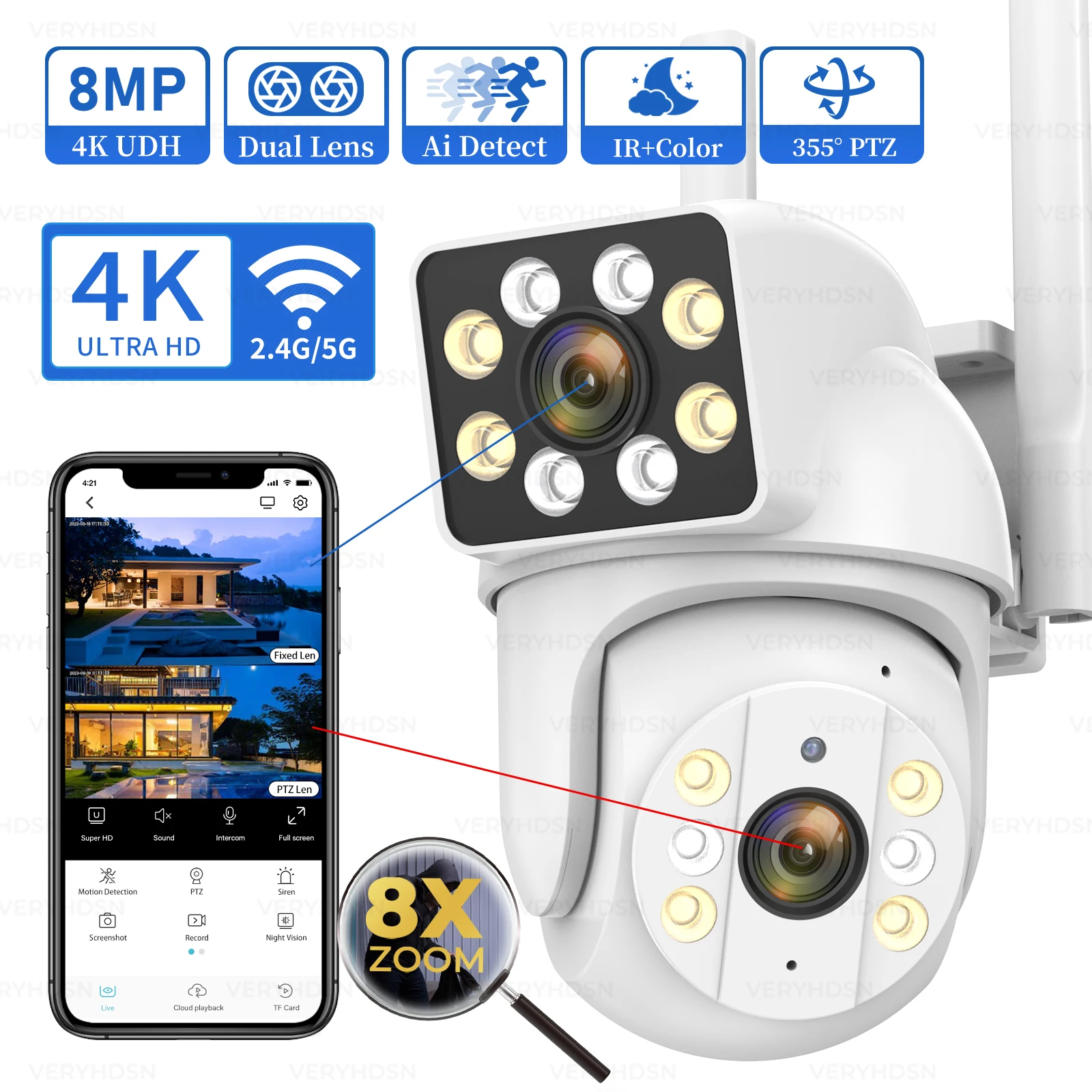 4K 8MP WiFi IP Camera Dual Lens PTZ Color Night Vision Wireless Surveillance Cameras Detect Tracking Outdoor Waterproof 8X Zoom 8mp 4k dual lens ip camera outdoor ptz 4mp wifi security cameras cctv video surveillance 10x zoom 3 6mm 8mm auto tracking camhi