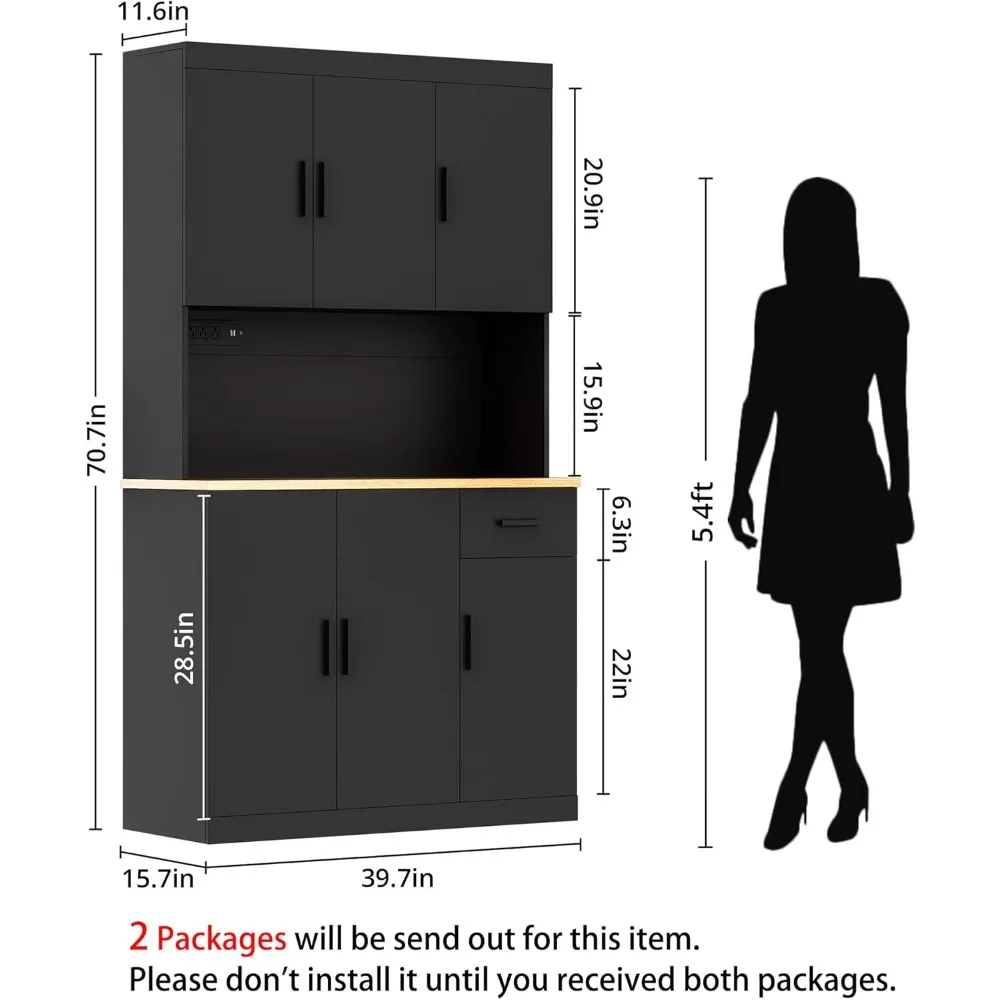 Black Kitchen Pantry Cabinet,Storage Cabinet with Power Outlet, Freestanding Kitchen Hutch with countertop