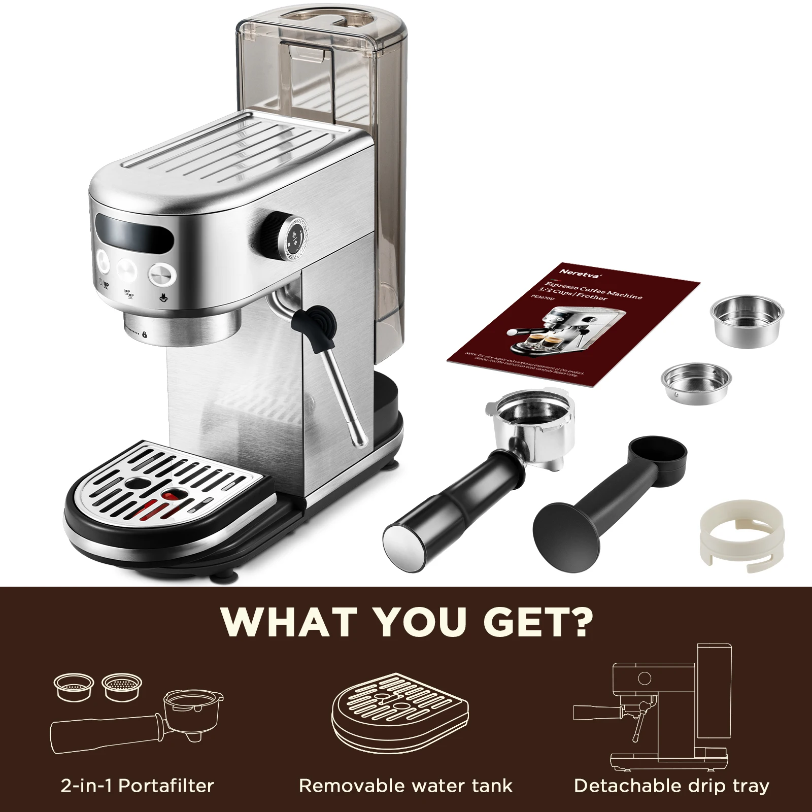 Neretva 20 Bar Espresso Machine Compact Espresso Maker with LED Display & Milk Frother for Home Barista Stainless Steel 5