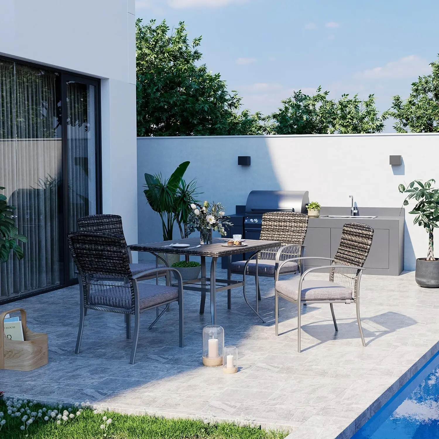 

5 Piece, Outdoor Wicker Furniture Set with Square Plastic-Wood Table Top and Washable Cushions for Patio Garden Poolside