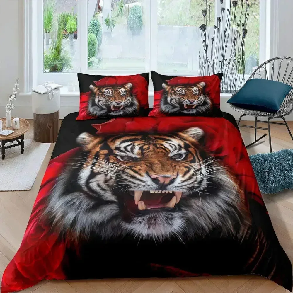 Luxury New 3D Print White Tiger Red Rose King Queen Duvet Cover Africa Big Cat Flower Bedding Set Teen Adult Animal Quilt Cover