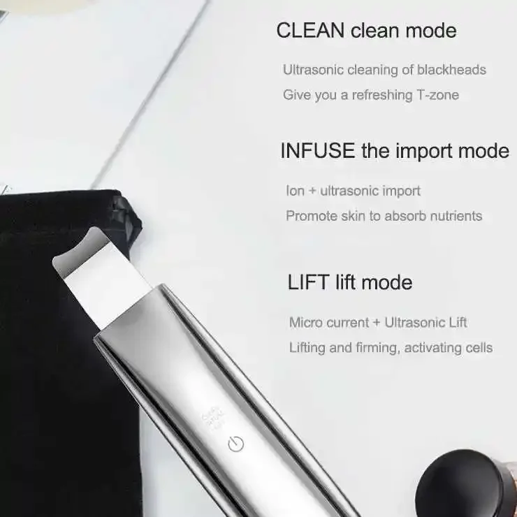 Multi-functional Skin Scrubber, Ultrasonic Cleansing, Ion Importing, EMS lifting, USB Charging Base