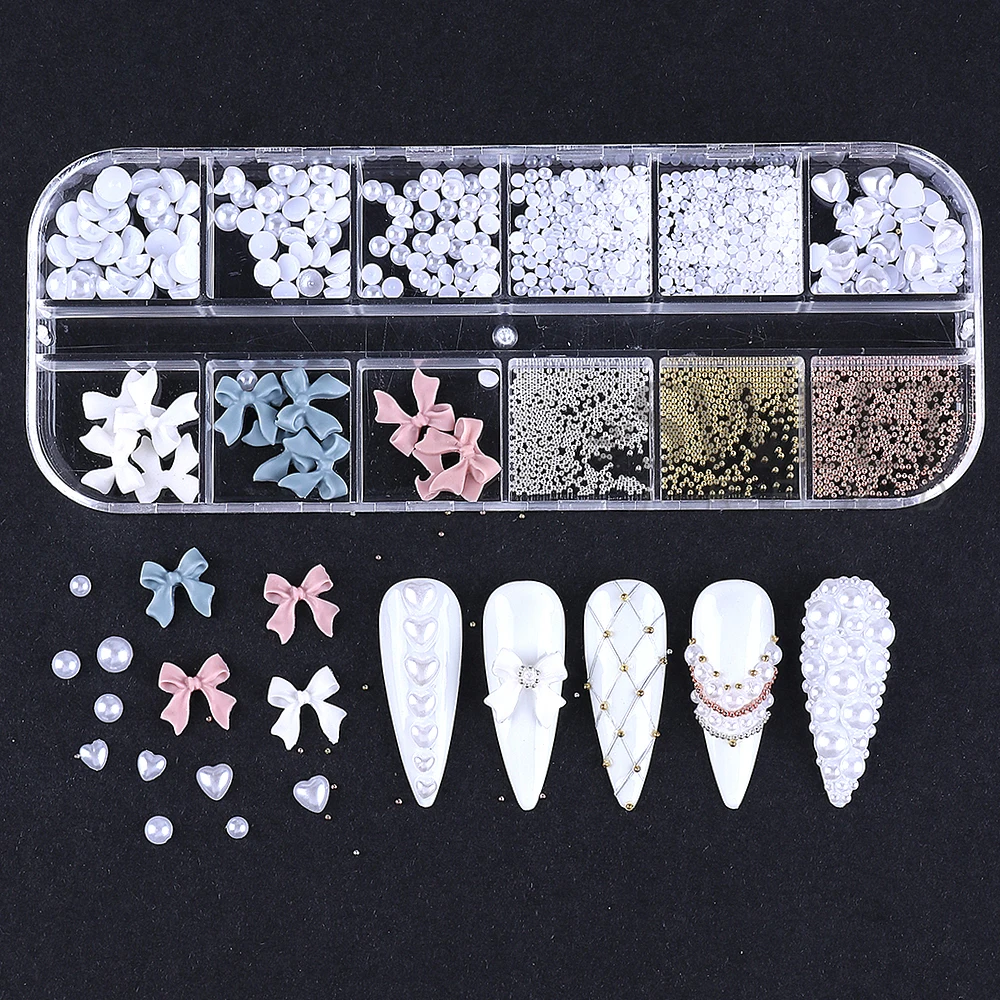 12Grids Bow 3D Nail Art Decorations White Pearls Nail Charms Designs DIY Pink Bowknot Steel ball Nail Parts Manicure Accessorie