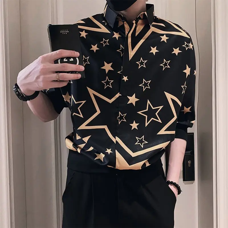 Elegant Fashion Harajuku Slim Fit Ropa Hombre Loose Casual All Match Shirt Pointed Collar Printed Button Middle Sleeve Blusa
