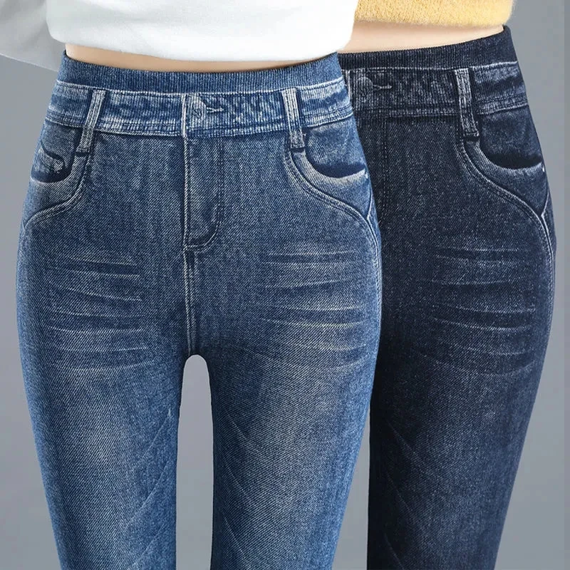 Women Jeggings Faux Denim Jeans Leggings High Waisted Tummy Control Slim  Leggins Printed Pencil Pants Seamless Skinny Trousers - AliExpress