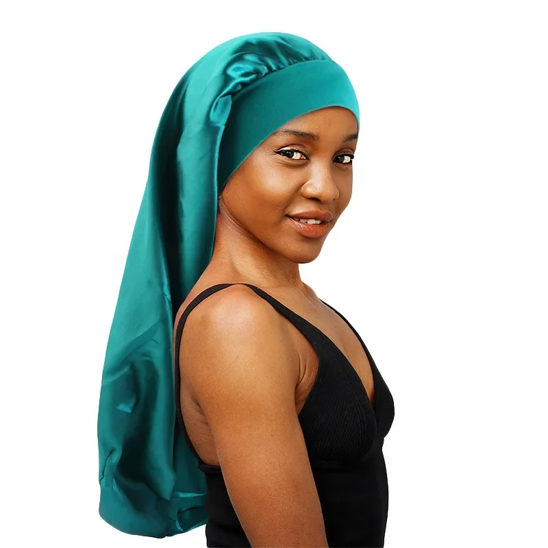 1Pc Simulated Silk Sleeping Hat Curly Hair Oversized Hat Braided Satin Hat Women's Silk Long Barrel Elastic Hairband Hat 3