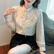

Spring 2022 New Chiffon Shirt Women's Long-sleeved Stand Neck Ruffled Idyllic Style Vintage Blouse Lace Ladies Shirt Womens Tops