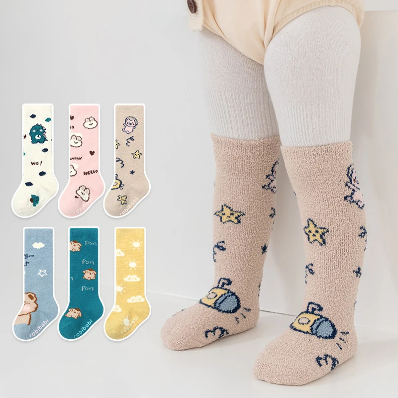 2023 Cartoon Animal Non-slip Floor Coral Fleece Stockings Winter Thicken Warm Home Sleep Knee High Long Tube Socks for Baby Girl