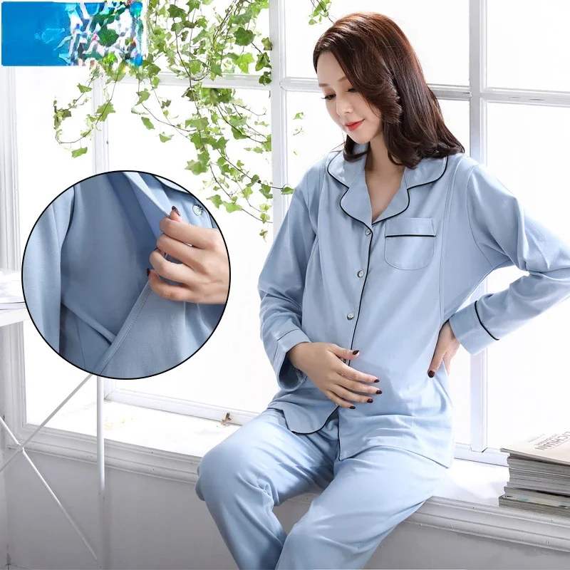 Sleepwear Long Sleeve Cotton Maternity Pajamas Prenatal Postpartum Side Opening Breastfeeding Pajama Sets Homewear Loungewear