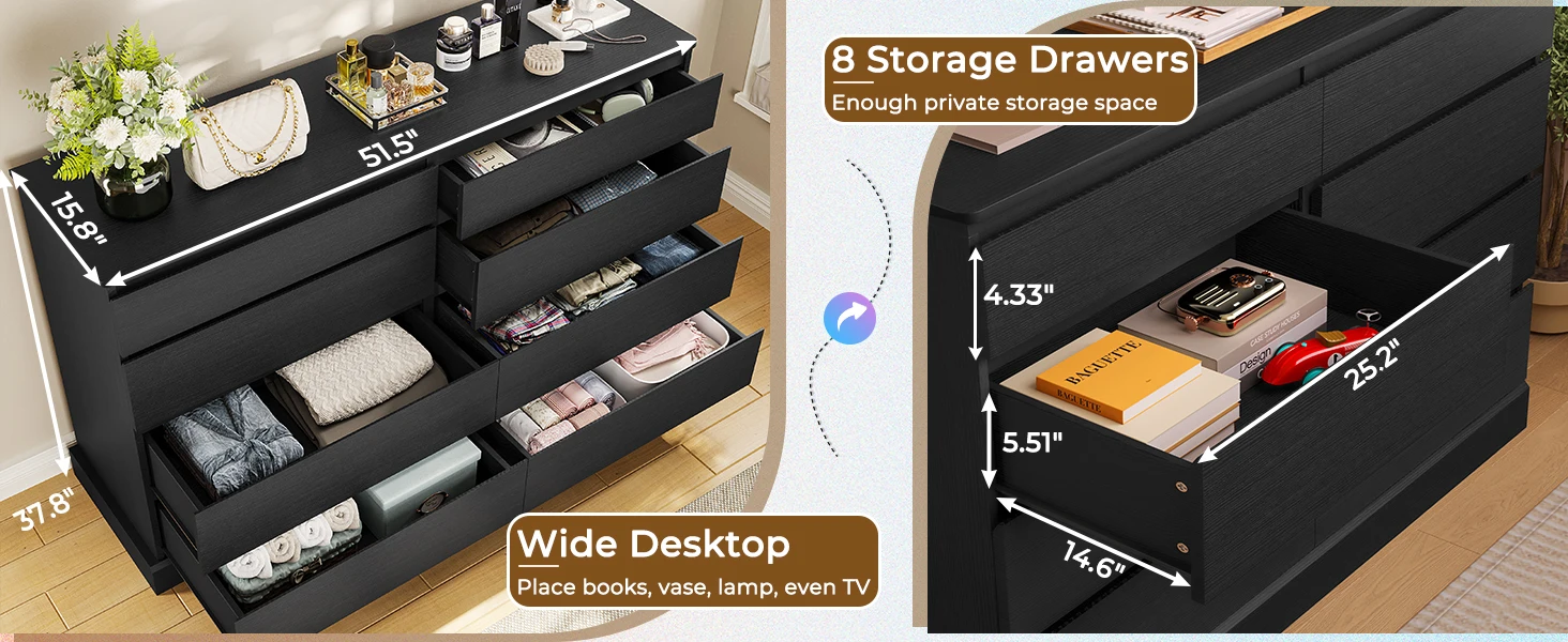 Black Dresser for Bedroom, Long Dresser with 8 Drawers, 51.5''W Wooden Dresser Chest of 8 Drawers, Clothing Storage Cabinet