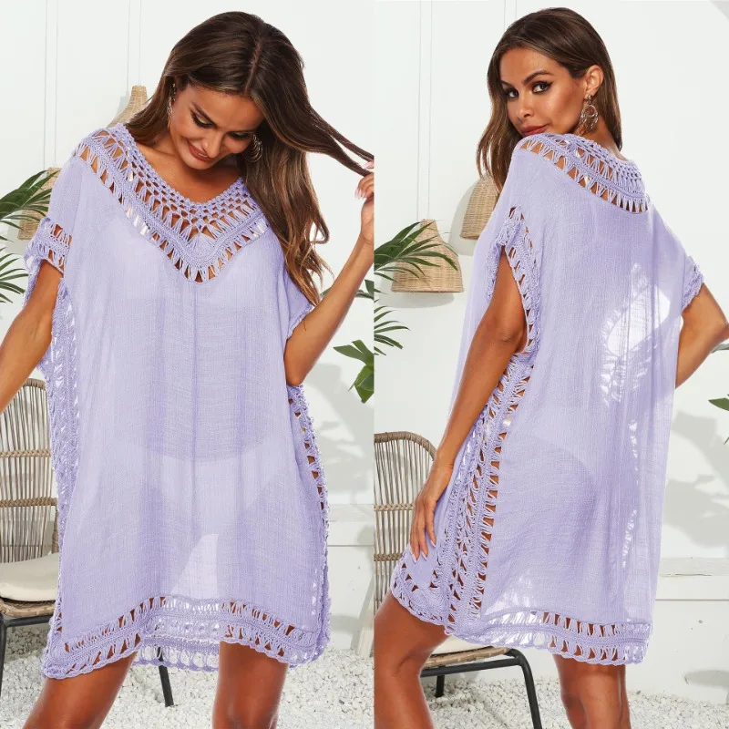 Resort style women's V-neck hand hook stitching cover-up 2024 summer popular sexy hollow loose beach cover-up dress