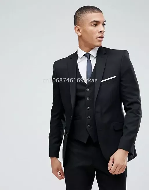 

Black Mens Suits Slim Fit Back Vent Groomsmen Wedding Tuxedos Three Pieces Blazers Notched Lapel Prom Suit (Jacket+Vest+Pants)