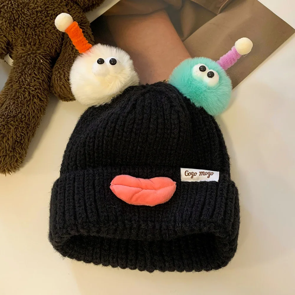 Korean version Funny Stupid Cute Beanie For Women Winter Kpop 3D Month Full Lips Warm Knitted Hat Fashion Student Skullies Cap