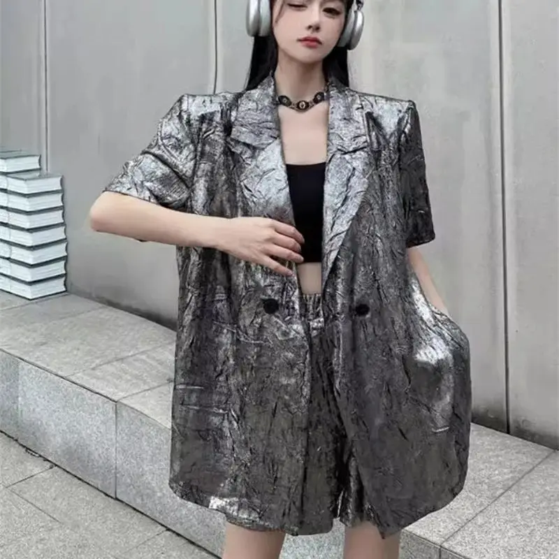 

High end Temperament Casual Fashion Set for Women 2024 Summer Texture Silver Short Sleeved Suit Jacket Shorts Two-Piece Set WLF