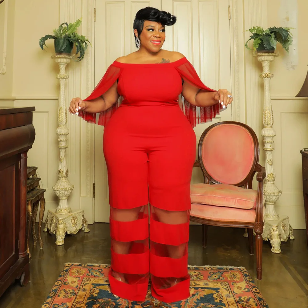 Plus Size Women Elegant Jumpsuit Mesh Patchwork One Piece Outfit Lady Designer Wide Leg Pant 2023 Summer Female Fashion Jumpsuit