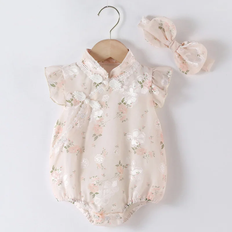 

2024 New Summer Toddler Baby Girl Romper+Hair band Flying Sleeve Cotton Print Newborn Baby Girl Jumpsuit 0-24M Baby Clothing