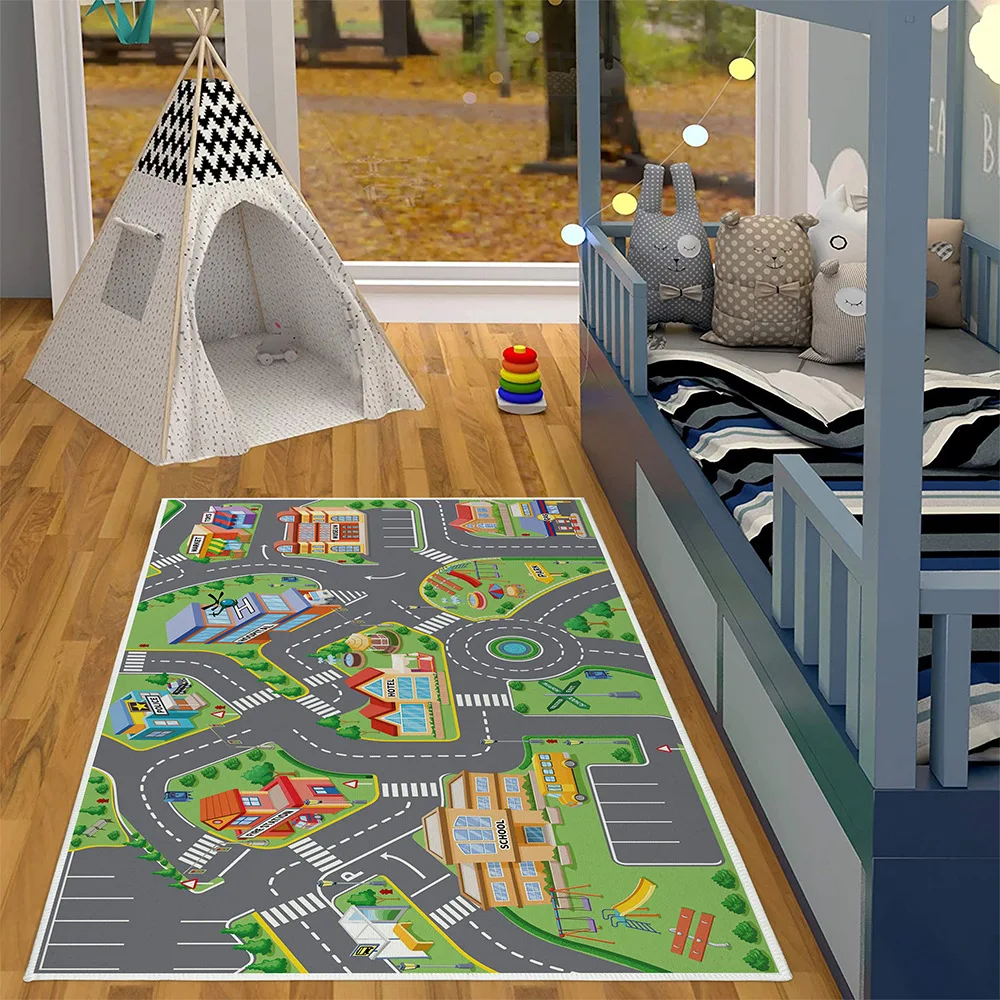 Kid Play Mat Indoor Baby Crawling Rug Toddler Educational Toy With Town Picture City Road Printed Carpet Tile For Living Room 4