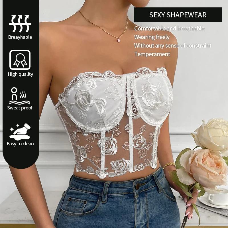 Hot and Sexy Women's Chest Wrapping Rose Embroidery Sleeveless Fishbone Bra Summer New Women's Tight and Naked Top