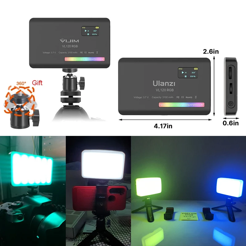 Ulanzi VL120 RGB LED Video Light Camera Light Full Color Rechargeable 3100mAh Dimmable 2500-9000K Panel Photo Studio Lamp