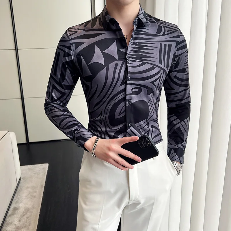 Vintage Printed Shirts Men 2022 Autumn Long Sleeve Slim Casual Shirt Business Social Formal Dress Shirts Streetwear Men Clothing