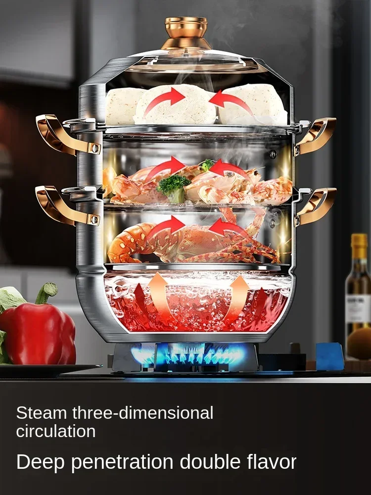 304 stainless steel steamer thickened household 316 steamer tray, three layers, large capacity cooking and stewing induction 2