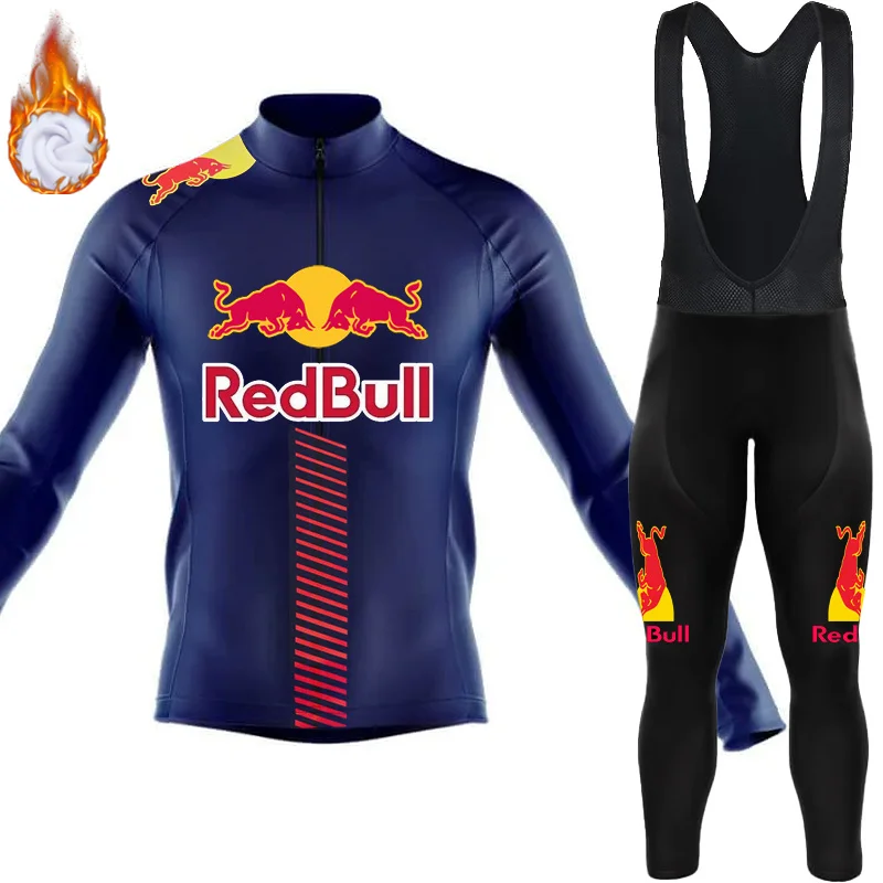 Men's Cycling Clothing 2024 Winter Thermal Fleece Jersey Bib Road Bike Uniform For Bicycle Red Bull Set Mtb Professional Shirt 4