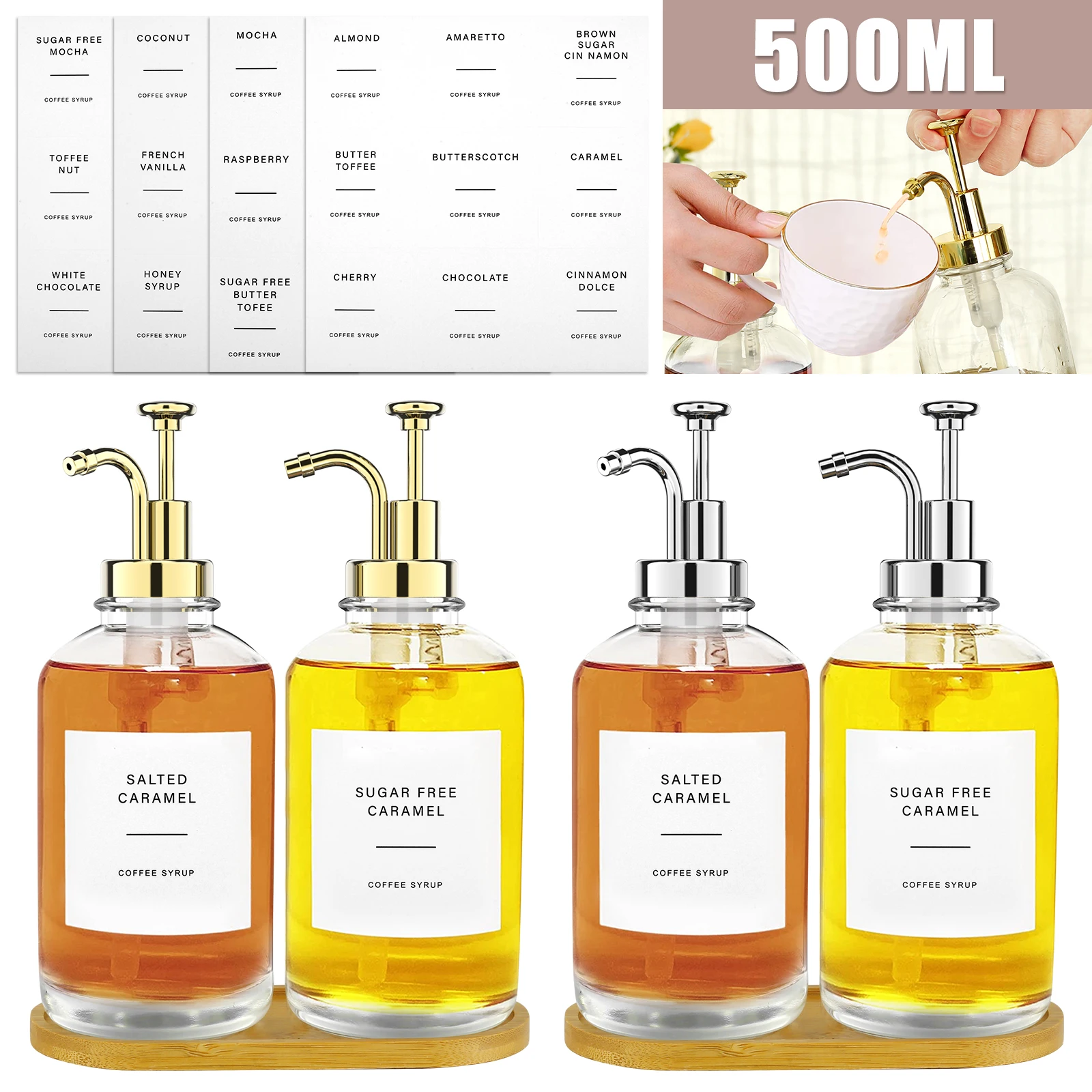 

2 Pcs Coffee Syrup Dispenser Set with Bamboo Tray Reusable Glass Syrup Bottle with Labels Funnel Clear Syrup Pump Dispenser