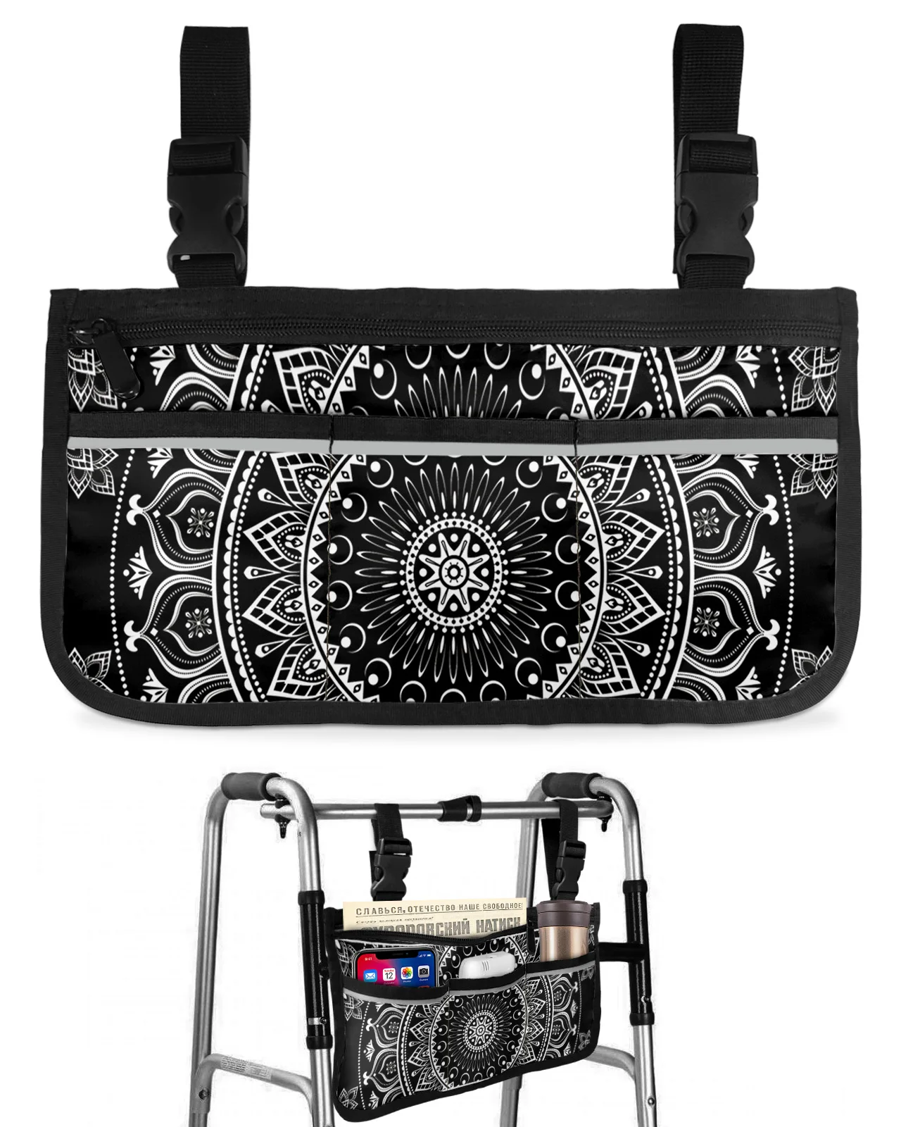 

Classic Mandala Wheelchair Bag With Pockets Reflective Strips Armrest Side Bags Electric Scooter Walking Frame Storage Pouch