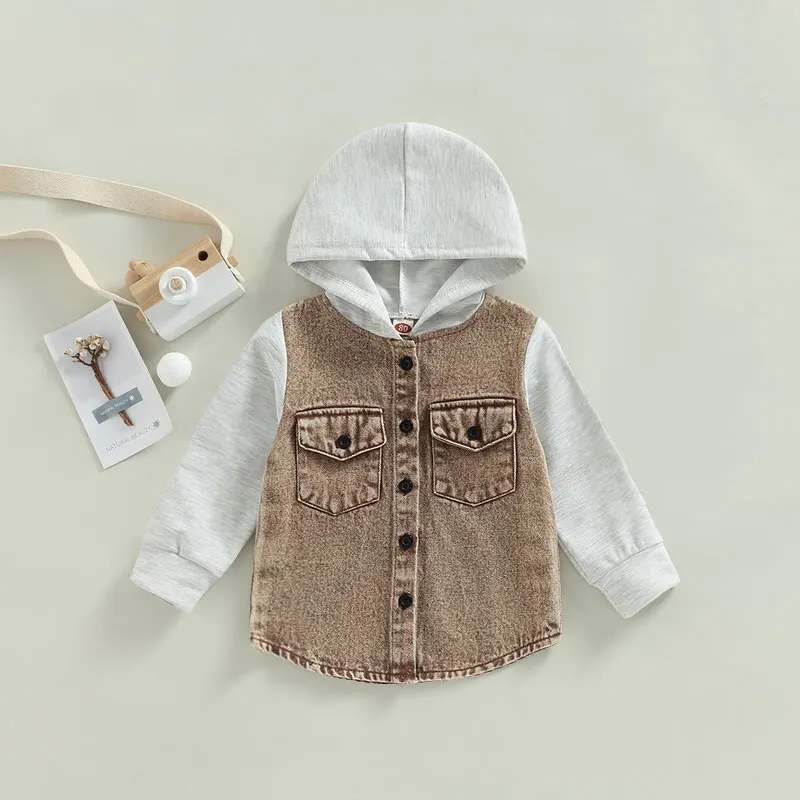 VISgogo Toddler Baby Denim Jacket Boys Girls Layered Long Sleeve Button Down Hoodie Jean Jackets Coat with Pockets Outerwear