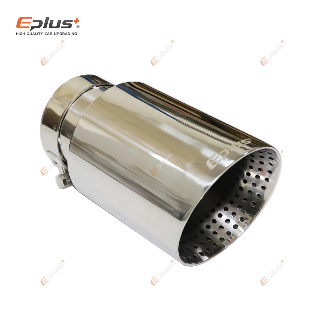 Eplus Car Stainless Steel Silver Muffler Tip Universal Exhaust Pipe Mufflers bilayer Punching holes Nozzle Decoration Bevel End exhaust muffler tip exhaust pipe muffler exhaust trim pipe