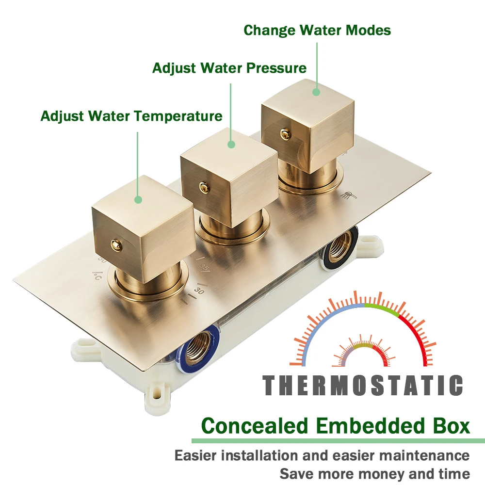 Brass Thermostatic Mixer Valve Embedded Concealed Bathroom Shower Faucet Thermostatic Cartridge 3 Way Temperature Control Spool
