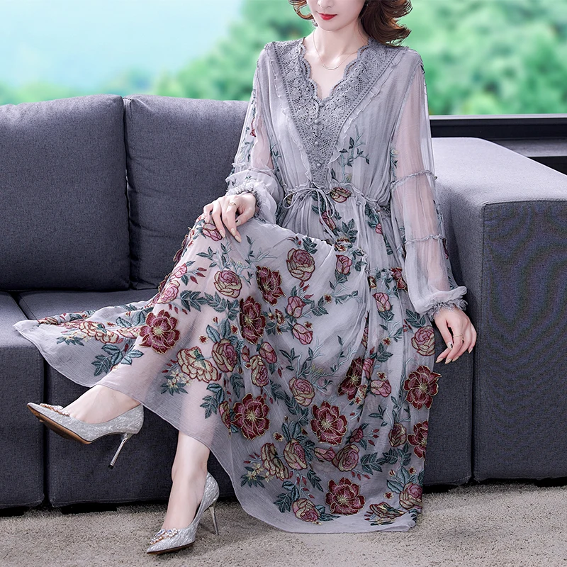 

Autumn Vintage Womens Ruffles Lantern Sleeve Velour Printed Flower Dress Woman Loose High Waisted Lace Patchwork Velvet Dresses