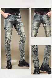 Fashion Men's Pants High Quality Pockets Stretch Y2k Jeans Vintage Blue Moto Denim Trousers Autumn Streetwear Men's Clothing New