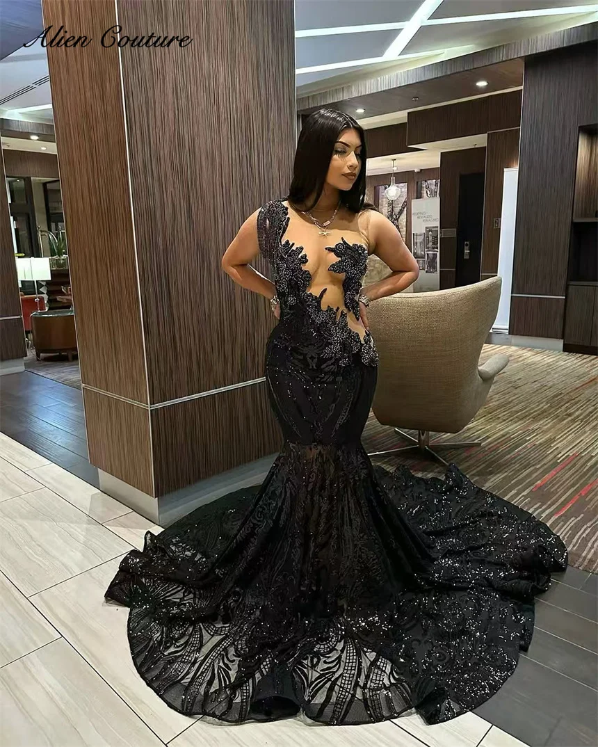 Prom Dress For Black Girls Long Black Diamonds Crystals Birthday Party Tassels Sequins Party Robe Customized