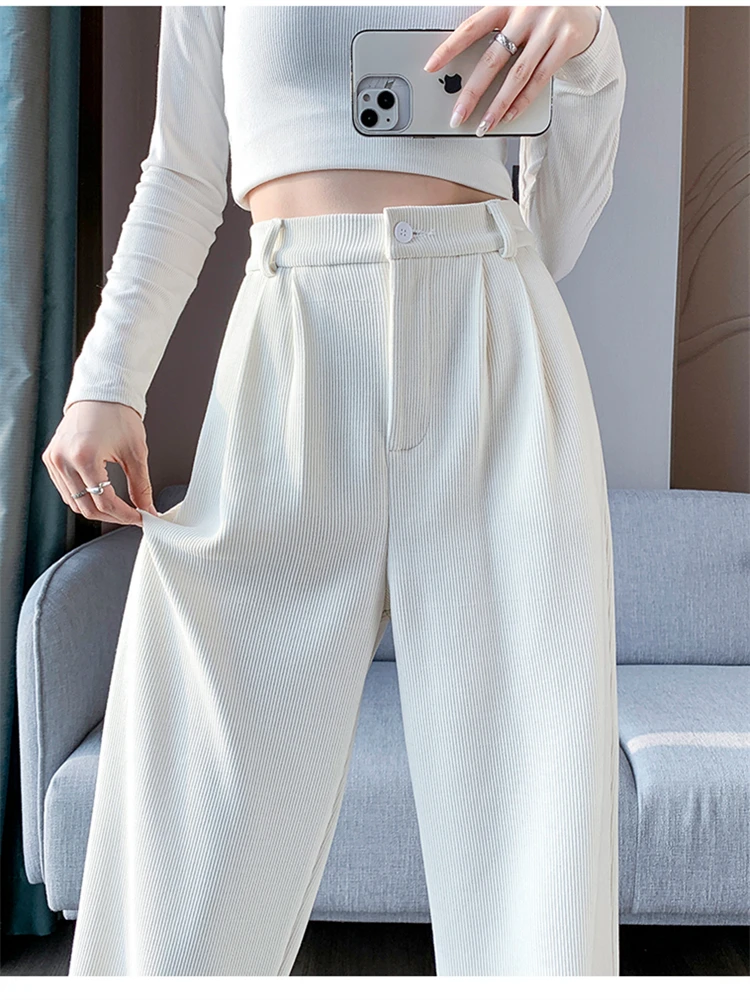 

Women's High Waisted Straight Corduroy Suit Pants Autumn Winter New Chic Commuting Style Female Casual Wide Leg Warm Trousers