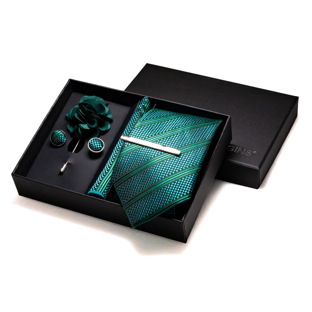 Luxuriöse dunkelgrüne Streifen-Seidenkrawatten für Männer, Hochzeitsaccessoires, Herrenkrawatte, Einstecktuch, Manschettenknöpfe, Anstecknadel und elegante Geschenkbox – Detail 12