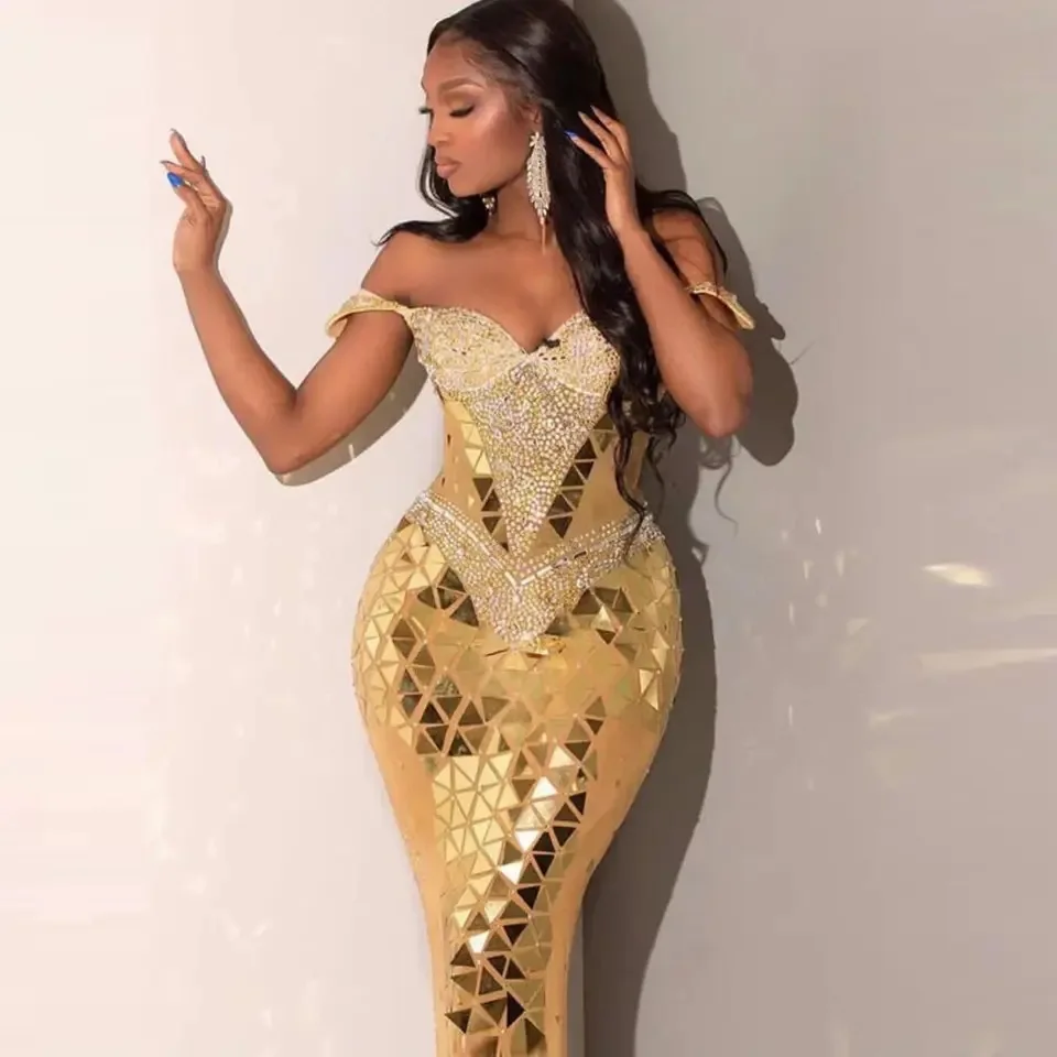 

Gold Lenses Long Sleeve Slim Fit Autumn and Winter European and American Style Sequins Transparent One Piece