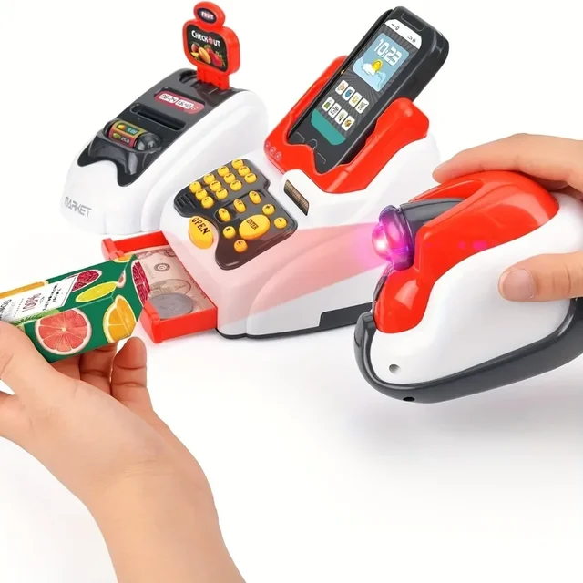 33PCS Toy Cash Register for Kids with Checkout Scanner Fruit Card Reader Credit Card Machine Play Money Food Shopping Play Set 3