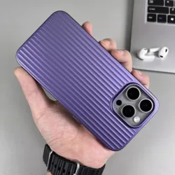 Natural Titanium Grating Stripe Pattern Phone Case with Metal Button - Shockproof Hard Armor Cover - iPhone 15 Pro Max (Purple)