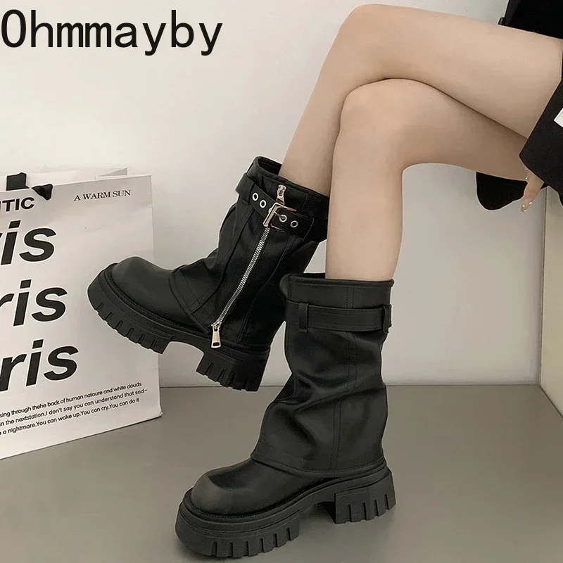 Platform Heel Mid Calf Boots Women Fashion Ladies Side Zippers