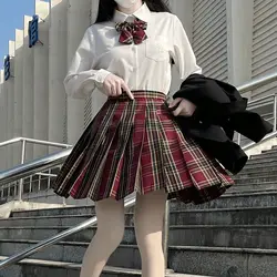 [Hawthorn] JK School Uniform Summer Red Plaid Skirts For Girls Short/Long High Waist Pleated Skirts Women Dress Students Clothes